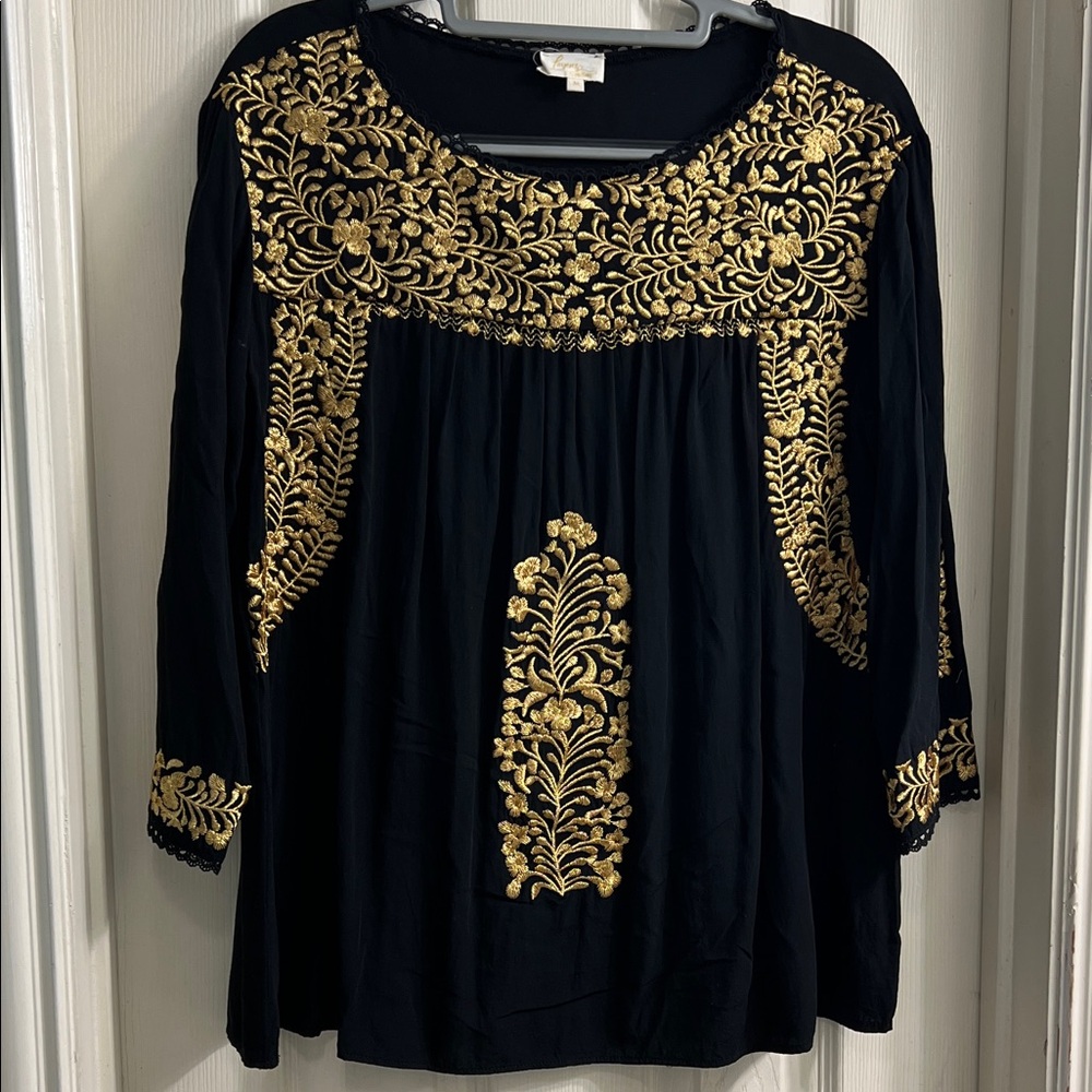 Layers Blouse Women Medium Black Gold Embroidered